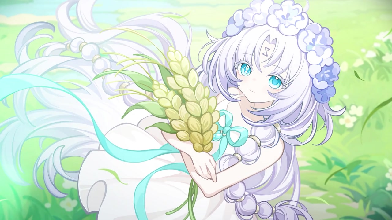 White-haired heroine holding wheat in the official launch trailer