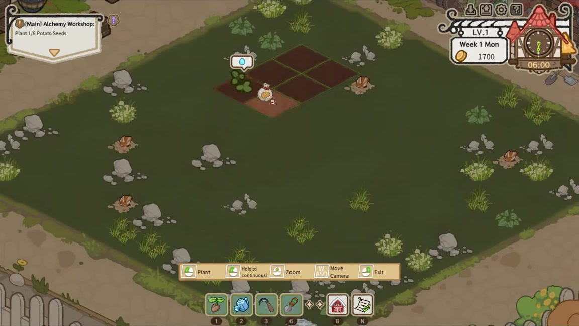 Planting a potato seed on a tilled plot, with the Plant prompt and one of six seeds placed