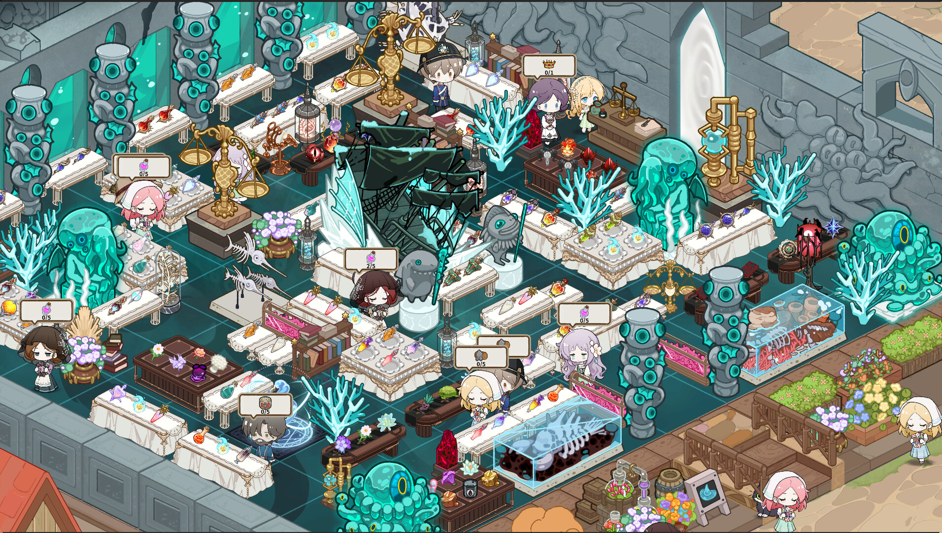 Alchemy shop floor with counters, stock, and a customer