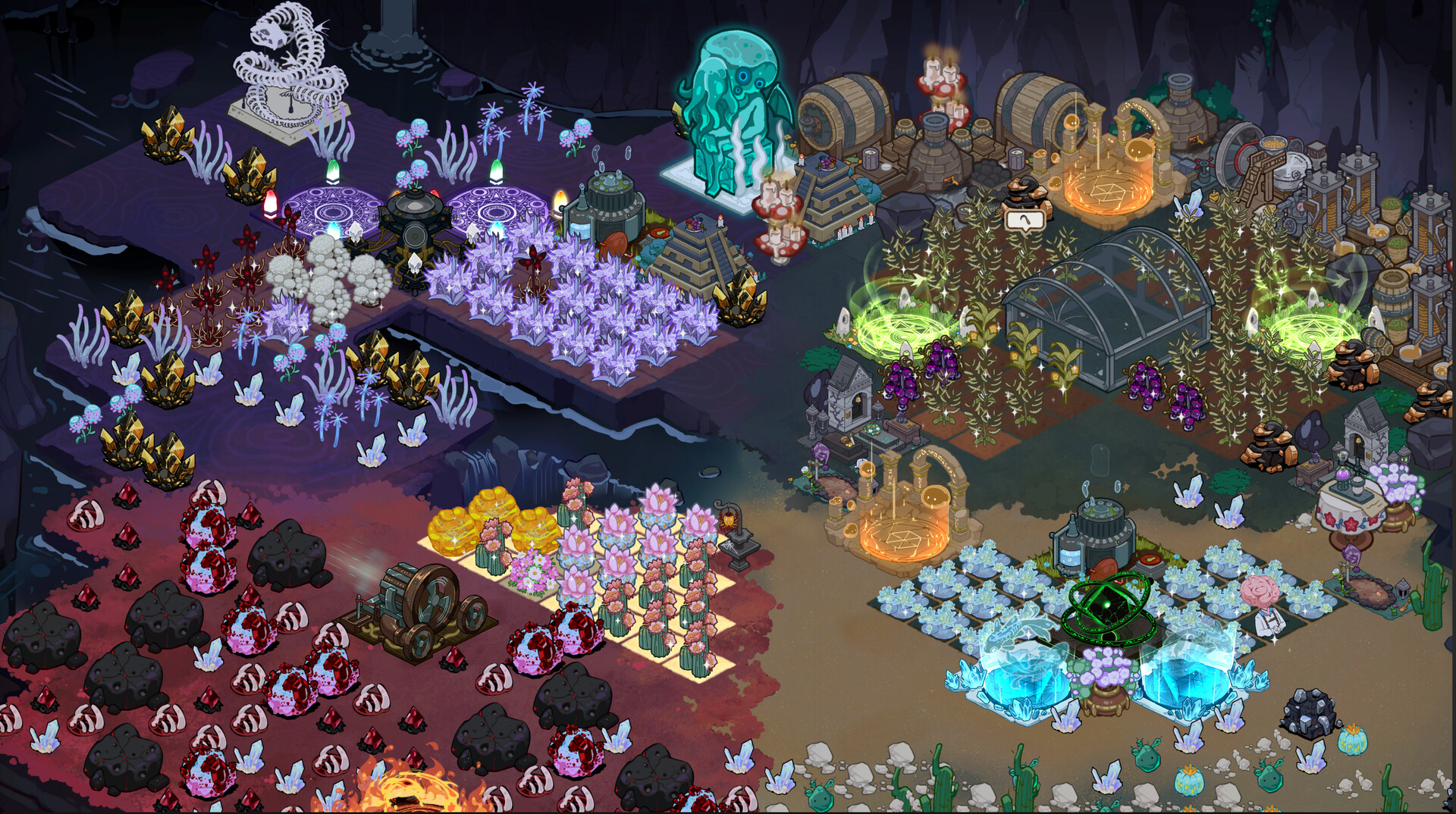 Underground plots with crystals, crops, and alchemical circles